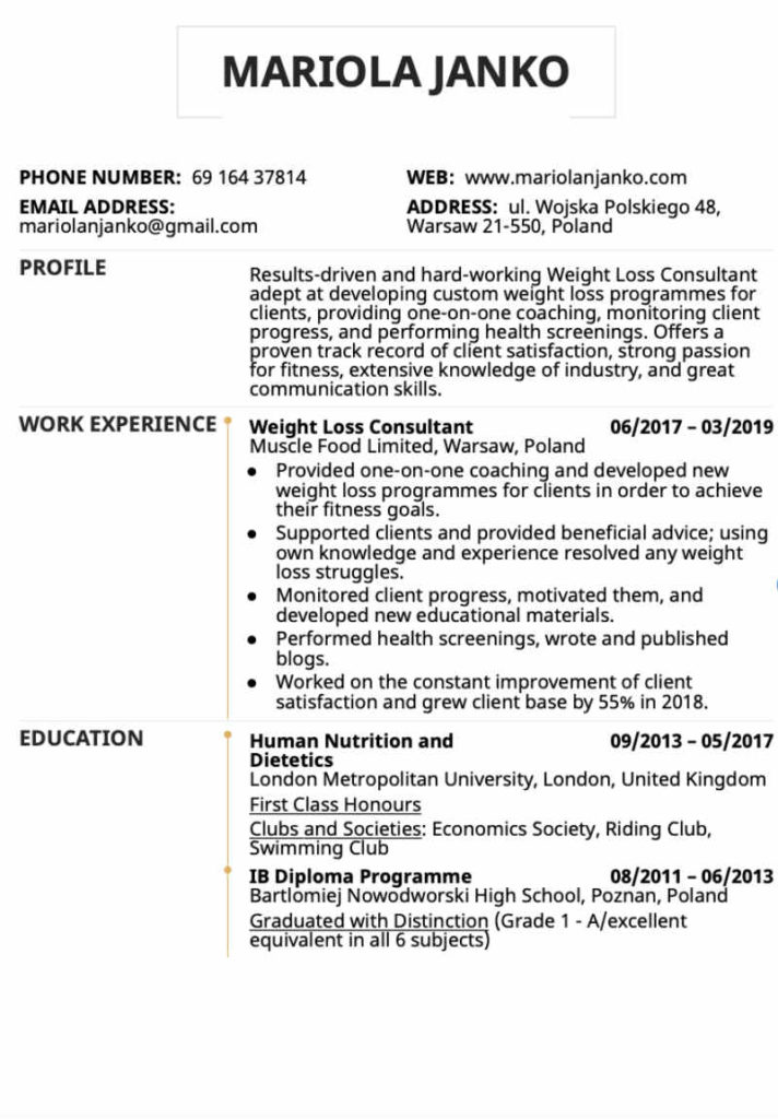 resume sample for consultant