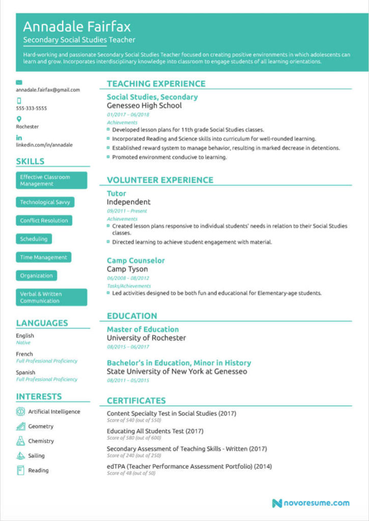 resume sample for teachers