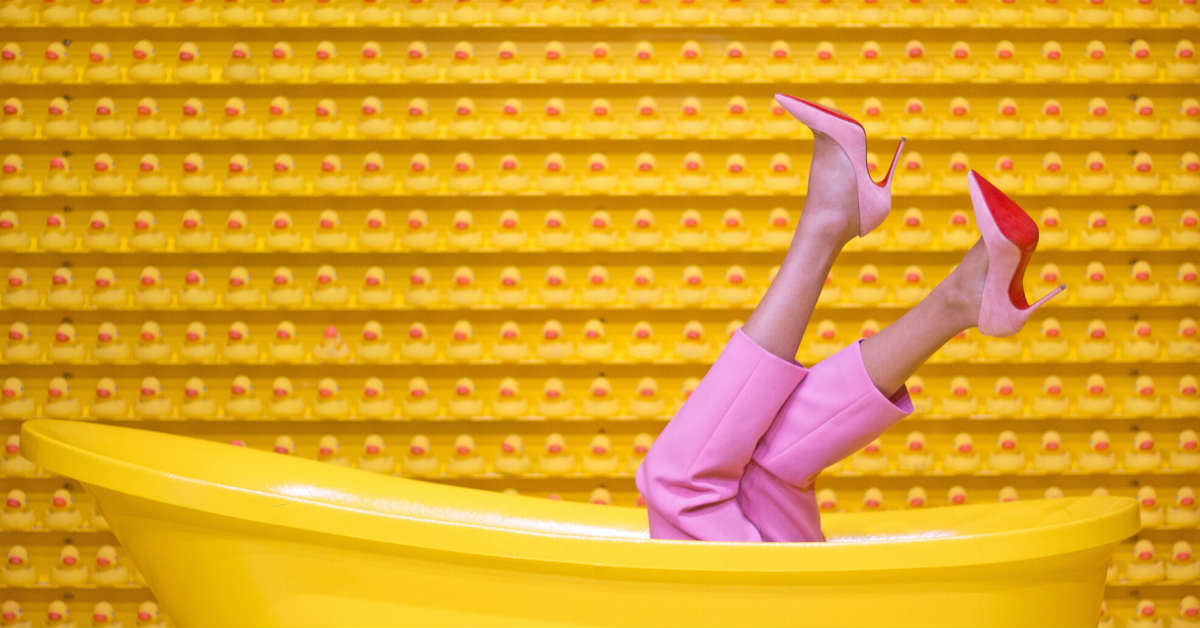 pink pants and yellow bathtub